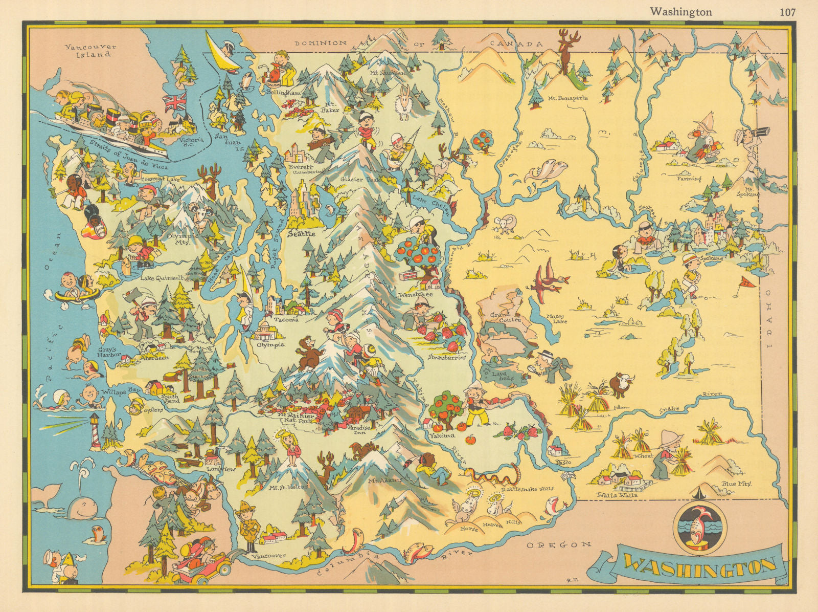 Washington. Pictorial state map by Ruth Taylor White 1935 old vintage